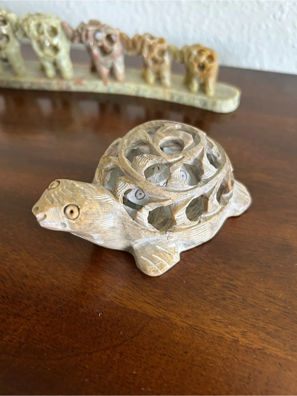 Handcrafted Carved Stone Elephant & Turtle Figurines - Neutral Tones